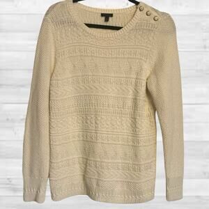 Talbots Neutral Nautical Ivory Cable-Knit Pullover Sweater Anchor Accent, Medium